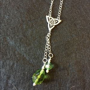 Celtic silver necklace, green Chec crystals 18”